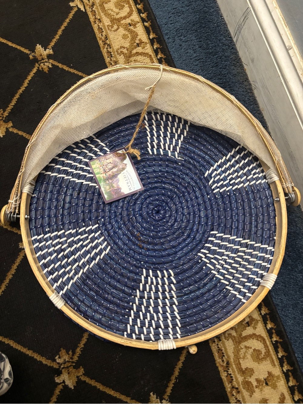 Handwoven Blue and White Round Decorative Basket Tray - Home Accents